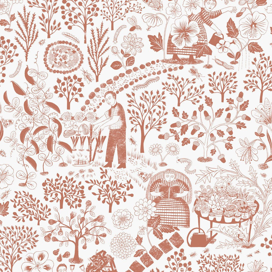 Patheways-wallpaper-Hamilton-Weston-Alice-Pattullo-country-scene-farmers-hand-illustrated-block-print-style-wallpaper-Terracotta-and-white