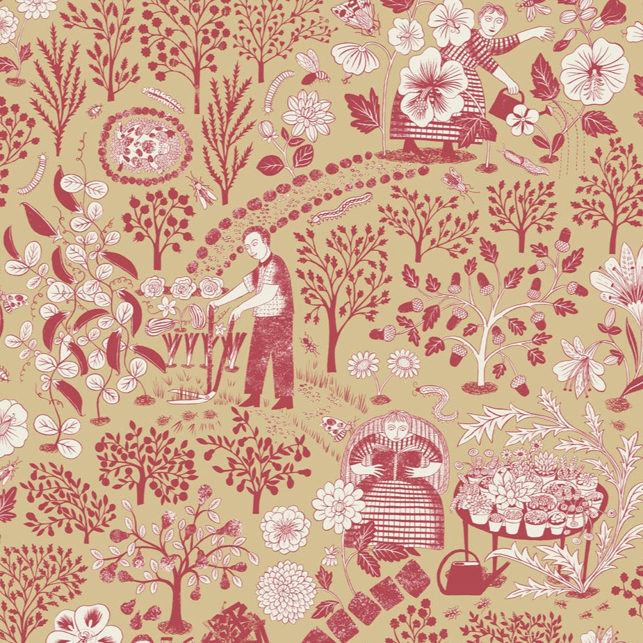 Patheways-wallpaper-Hamilton-Weston-Alice-Pattullo-country-scene-farmers-hand-illustrated-block-print-style-wallpaper-Toast-and-Jam-red-honey-and-white-tones 