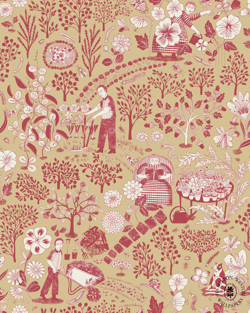 Patheways-wallpaper-Hamilton-Weston-Alice-Pattullo-country-scene-farmers-hand-illustrated-block-print-style-wallpaper-Toast-and-Jam-red-honey-and-white-tones