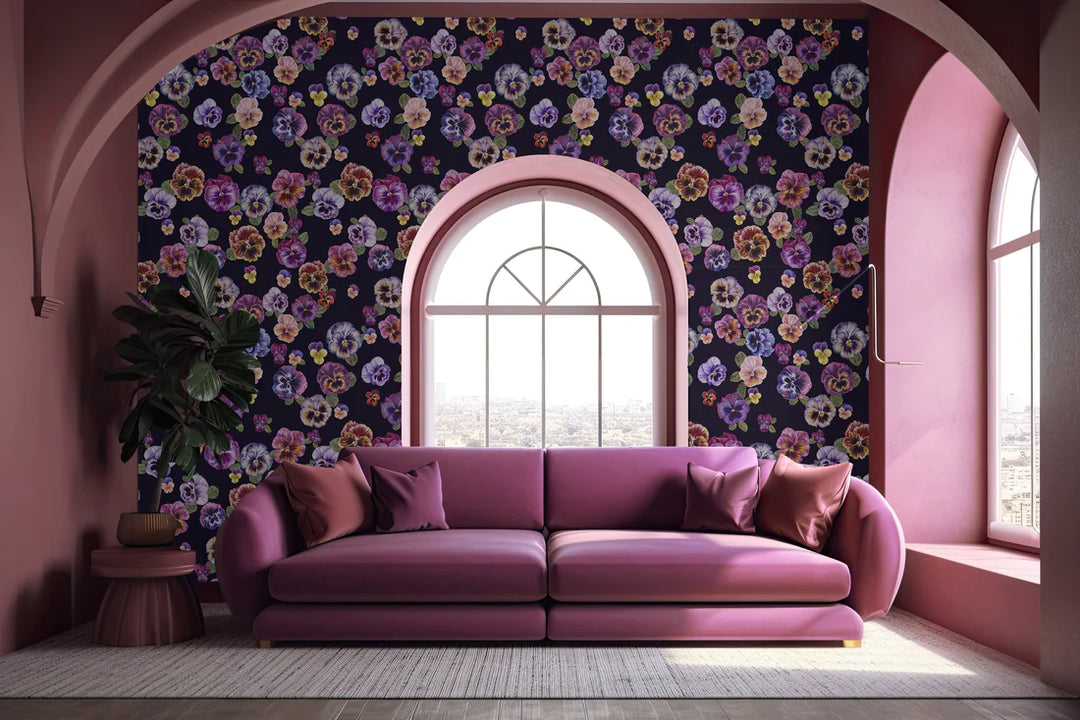 Victoria-Sanders-Plethora-of-pansies-hand-painted-details-pansies-in-violet-pinks-back-background-wallpaper-floral-pattern