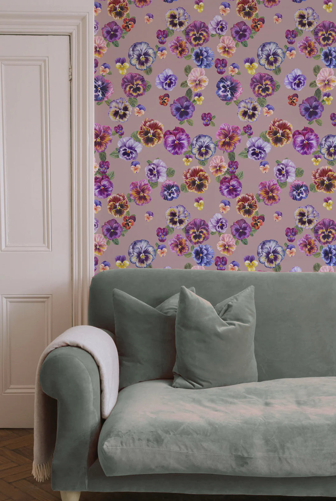 Victoria-Sanders-Plethora-of-pansies-hand-painted-details-pansies-in-bruised-pink-back-background-wallpaper-floral-pattern