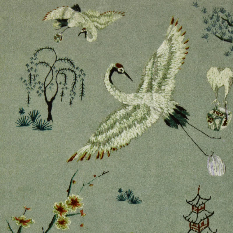 poodle=and-blond-food-babies-lagoon-fabric-pale-green-embroidered-chinoiserie-stly-japan-influenced-pattern-storks-delivering-takeaway-food-quirky-textile
