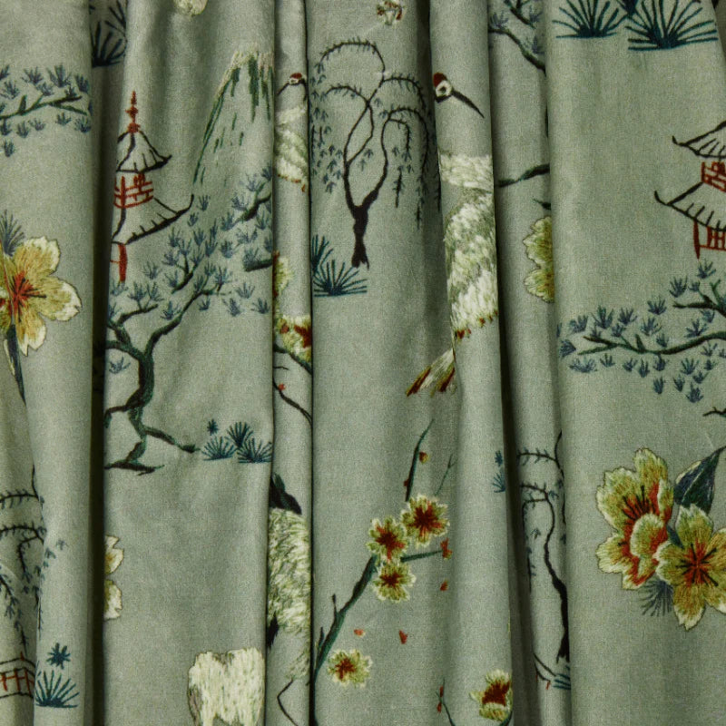 poodle=and-blond-food-babies-lagoon-fabric-pale-green-embroidered-chinoiserie-stly-japan-influenced-pattern-storks-delivering-takeaway-food-quirky-textile