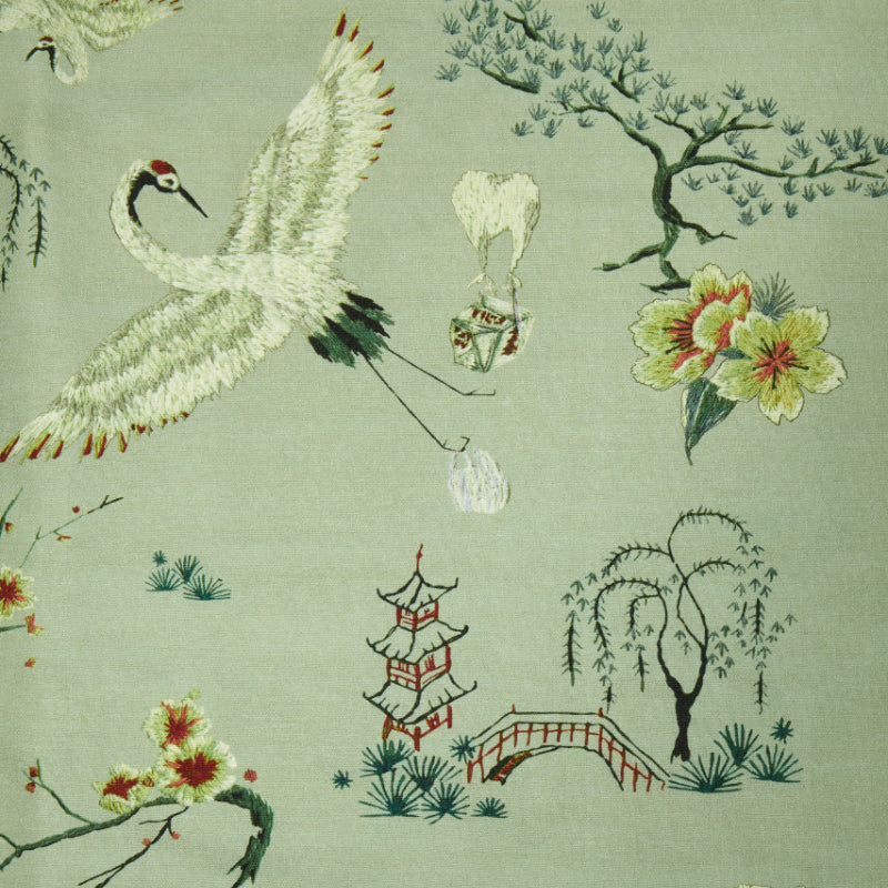 poodle=and-blond-food-babies-lagoon-fabric-pale-green-embroidered-chinoiserie-stly-japan-influenced-pattern-storks-delivering-takeaway-food-quirky-textile 