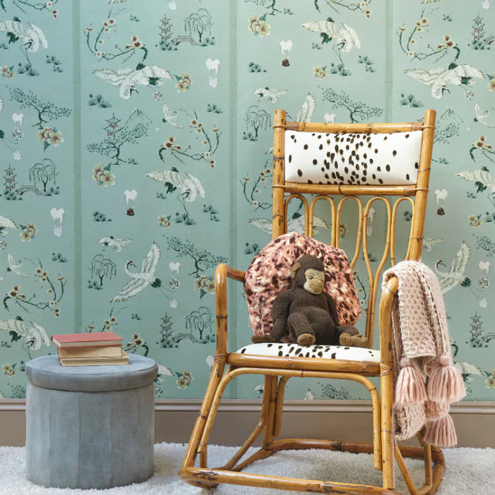 poodle-and-blonde-wallpaper-chinoiserie-style-wallpaper-cheeky-twist-storks-delivering-take-away-food-parcels-vintage-slub-silk-background-hand-embroidery-storks-stripes-digitally-reprinted-design-textile-effect-chinese=classic-wallpaper-lagoon-soft-teal-mint-black-white