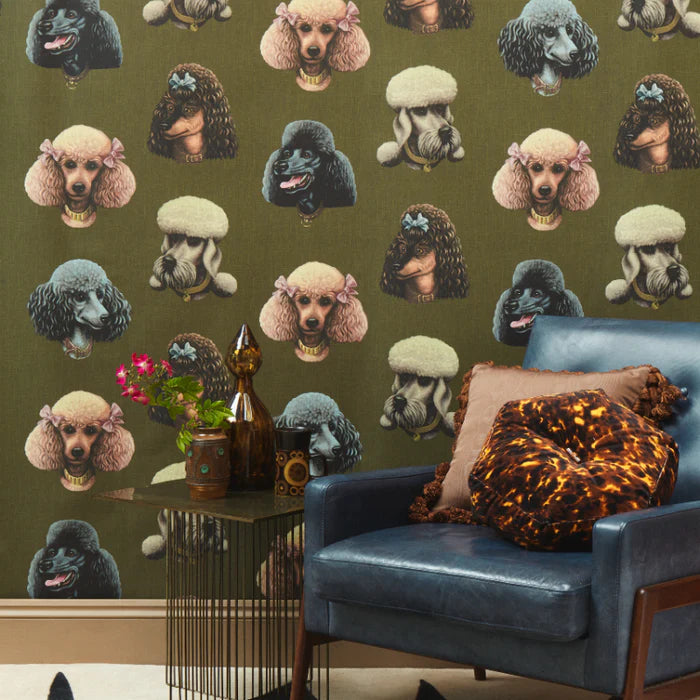 Poodle-and-Blinde-Poodle-Parlour-linen-fabric-textile-five-pampered-hair-salon-poodle-illustrated-images-fancy-dog-textiles-moss-green-background