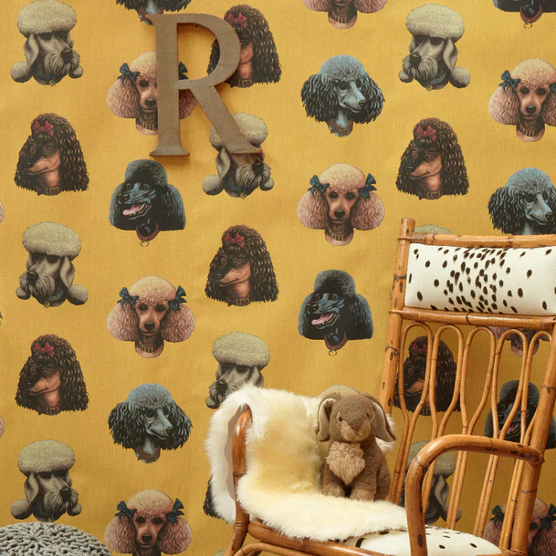 Poodle-and-Blonde-wallpaper-poodle-parlour-retro-yellow-five-poodle-portraits-wallpaper-design-retro-kitsch-illustrated-fun-wallpapers-poodle-and-blonde-wallpaper-poodle-parlour-five-poodle-potrait-illustrated-wallpaper-pattern-retro-kitsch-fun-playfull-retro-yellow-background