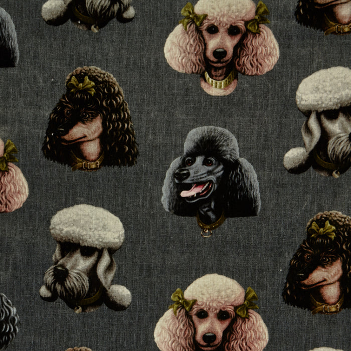 Poodle-and-Blinde-Poodle-Parlour-linen-fabric-textile-five-pampered-hair-salon-poodle-illustrated-images-fancy-dog-textiles-midnight-charcoal-background
