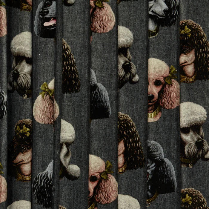 Poodle-and-Blinde-Poodle-Parlour-linen-fabric-textile-five-pampered-hair-salon-poodle-illustrated-images-fancy-dog-textiles-midnight-charcoal-background