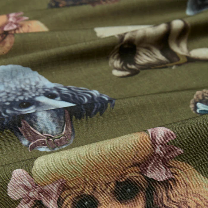 Poodle-and-Blinde-Poodle-Parlour-linen-fabric-textile-five-pampered-hair-salon-poodle-illustrated-images-fancy-dog-textiles-moss-green-background