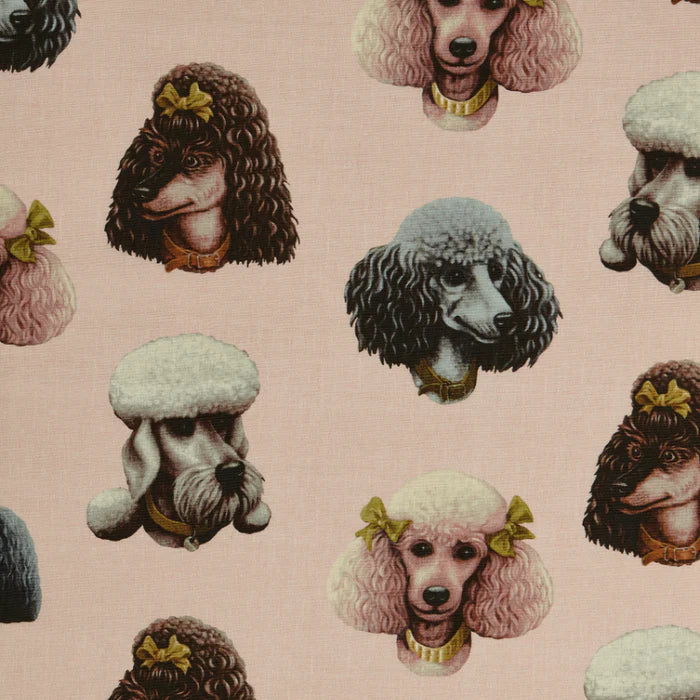 Poodle-and-Blinde-Poodle-Parlour-linen-fabric-textile-five-pampered-hair-salon-poodle-illustrated-images-fancy-dog-textiles-pink-background