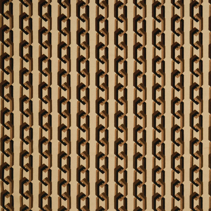 Poodle-and-blonde-chain-of-fools-textile-linen-fabric-Mono-cream-based-hexagon-link-retro-pattern-70's-printed-black-beige-brown-link