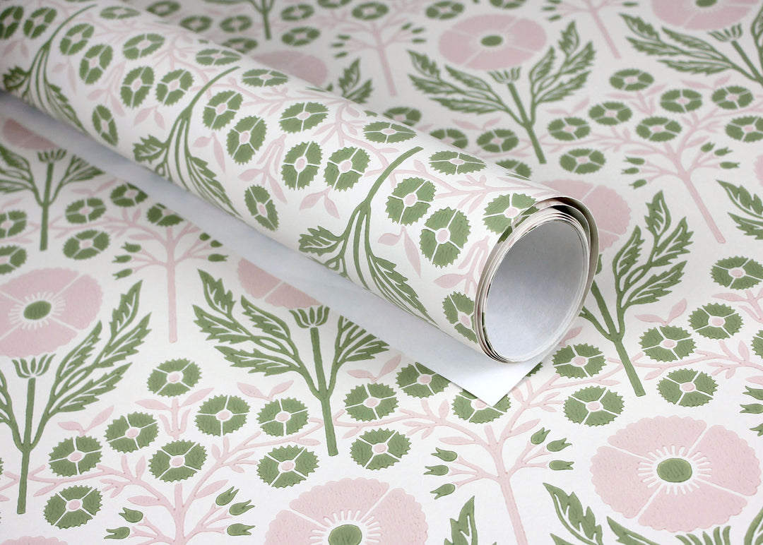 ellen-merchant-fresca-wallpaper-poppy-green-pink-floral-wallpaper-block-printed-british-designer-textiles