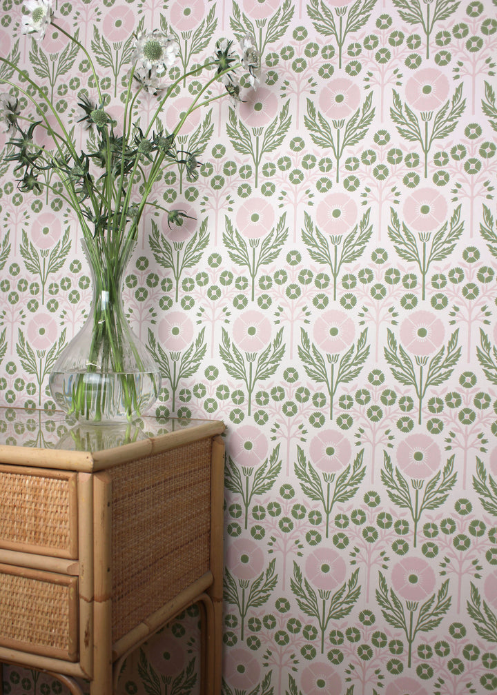 ellen-merchant-fresca-wallpaper-poppy-green-pink-floral-wallpaper-block-printed-british-designer-textiles