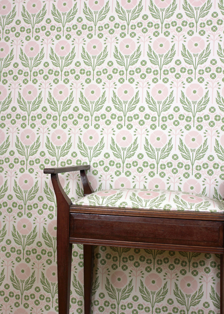 ellen-merchant-fresca-wallpaper-poppy-green-pink-floral-wallpaper-block-printed-british-designer-textiles-upholstered-side-ottoman