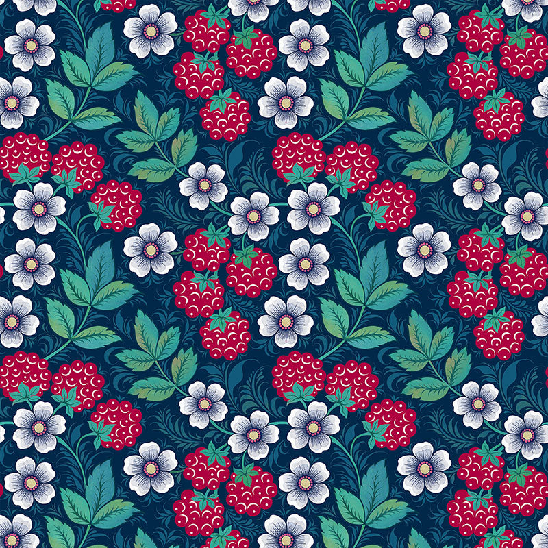 Olenka-wallpaper-raspberry-blues-trailing-raspberry-bushes-against-blue-background-red-berries-white-flowers-greann-leaves-folk-inspired-hand-illustrated