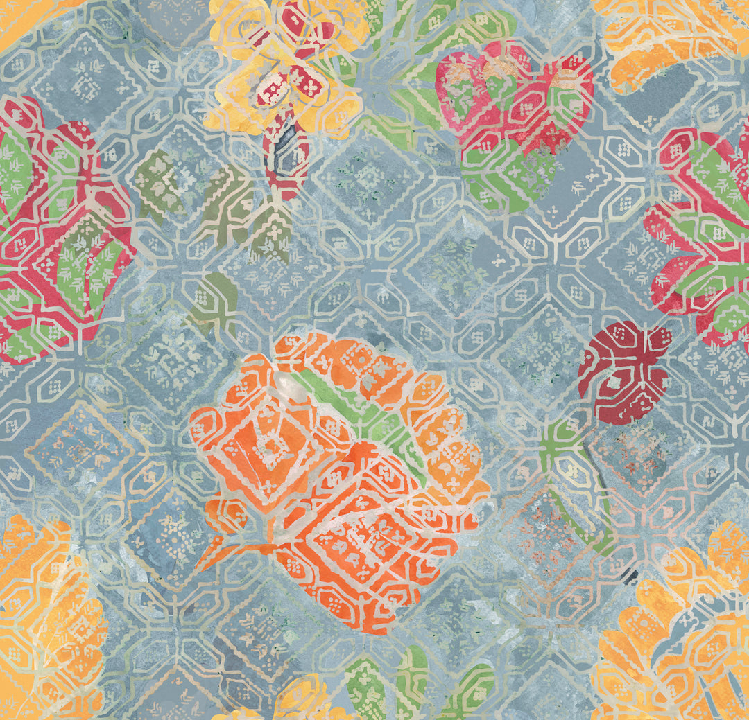 minnie-kemp-mindthegap-collaboration-shephard's-delight-folk-florals-batik-inspired-design-multi-coloured-blue-background-wallcovering