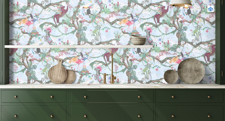 Carnival-fever-collection-wallpaper-wallcovering-brand-mckenzie-british-designer-balancing-act-animals-tropical-tree-brances-clouds-stars-moons