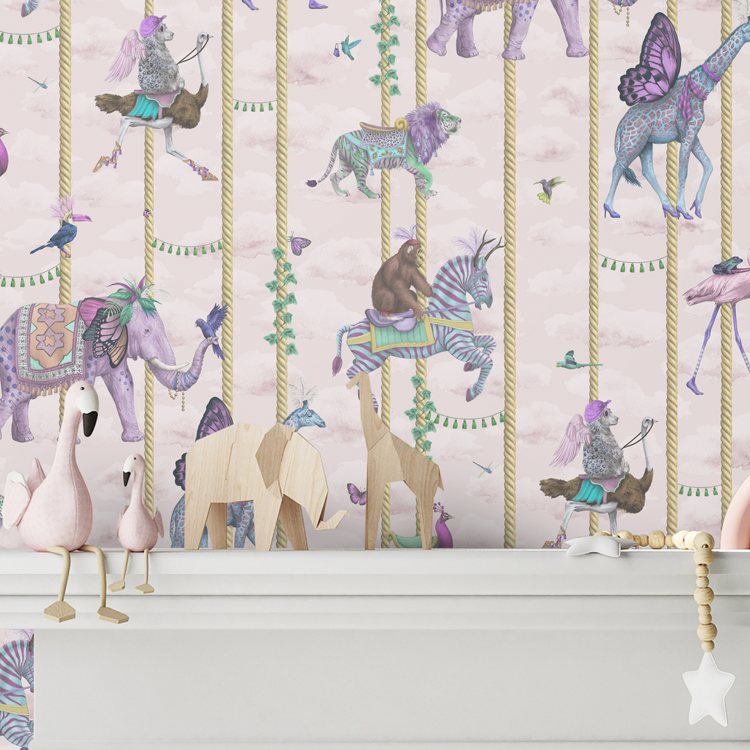 carnival-fever-carousel-blue-animals-on-carousel-poles-whimisal-childrens-wallpaper-pink-lilac