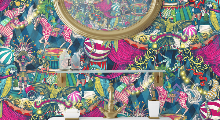 Carnival-fever-funfair-denim-cerise-bold-wallpaper-animals-cloakroom