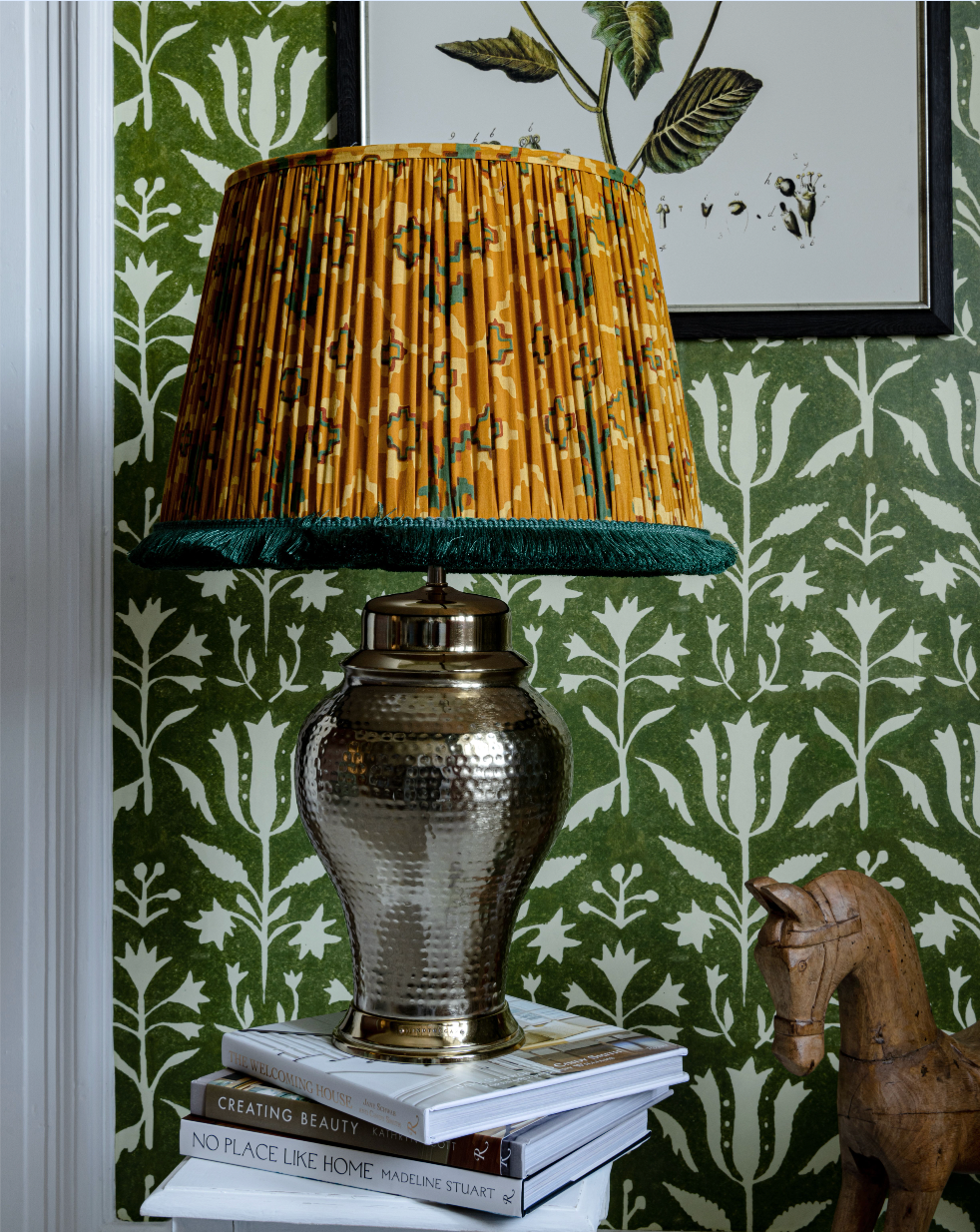 mindthegap-pleated-lampshade-aztek-pattern-green-fringe-folk-couture-interior-tulip-wallpaper