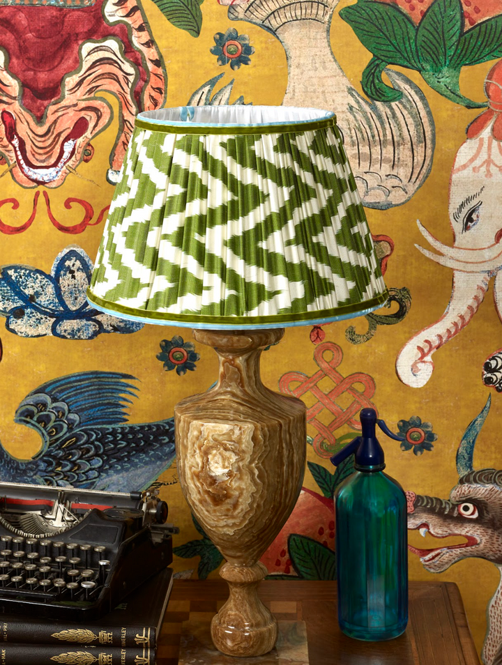 35cm-earth-silk-tapered-ikat-lampshade-green-white-that-rebel-house-maximalist-home-decor