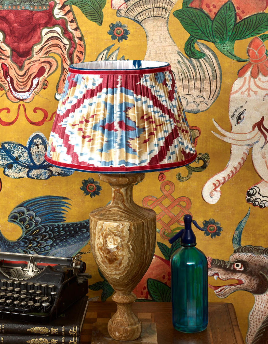 40cm-true-silk-tapered-ikat-lamp-shade-red-blue-yellow-maximalist-home-decor-interior