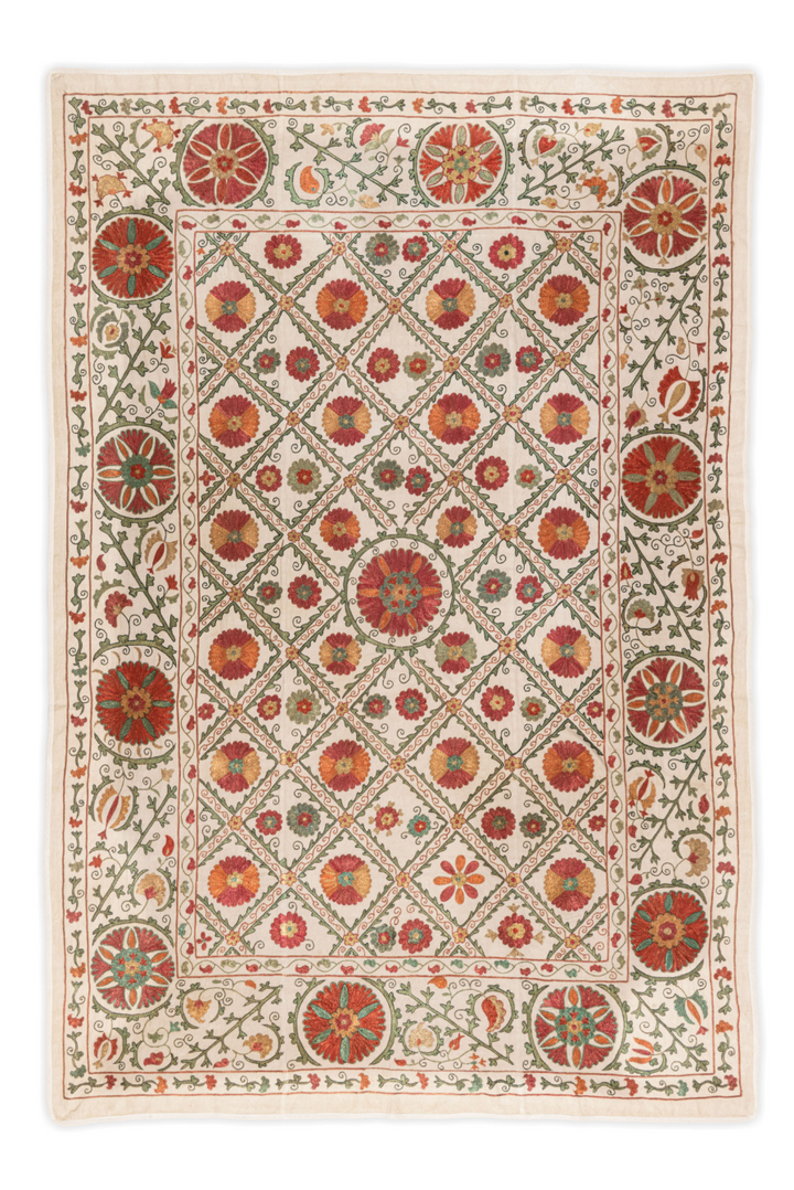 bukhara-suzani-silk-embroidered-bed-runner-handmade-uzbek-red-green-mindthegap-the-design-yard