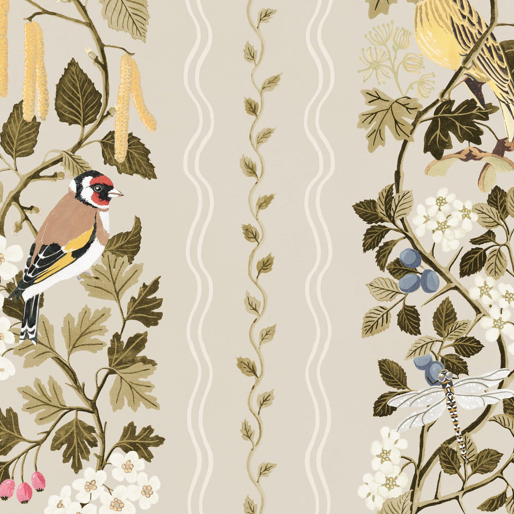 Studio-le-cocq-hedgerows-wallpaper-bracken-soft-beige-greige-striped-country-style-cottage-wallpaper-birds-roses-vines-leaves