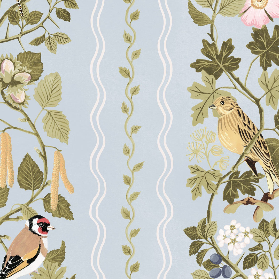 Studio-LeCocq-Hedgerows-Wallpaper-stripes-scalloped-edges-birds-cottage-woodland-hand-illustrated-spring-floral-Breeze-Soft-blue