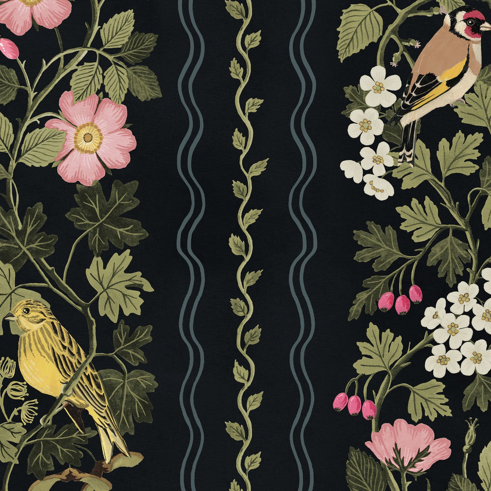 Studio-le-cocq-hedgerows-wallpaper-charcoal-bright-tones-soft-black-striped-country-style-cottage-wallpaper-birds-roses-vines-leaves