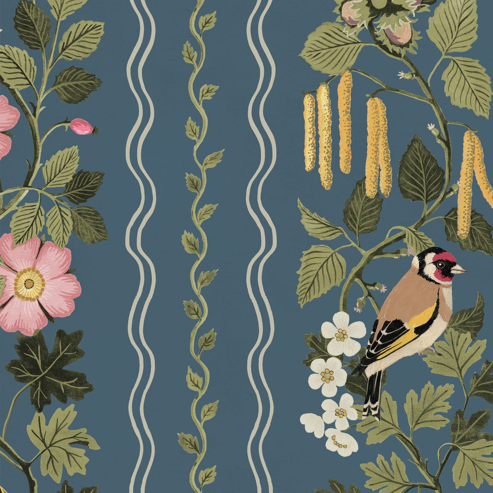 Studio-le-cocq-hedgerows-wallpaper-Ink-soft-ink-blue-striped-country-style-cottage-wallpaper-birds-roses-vines-leaves