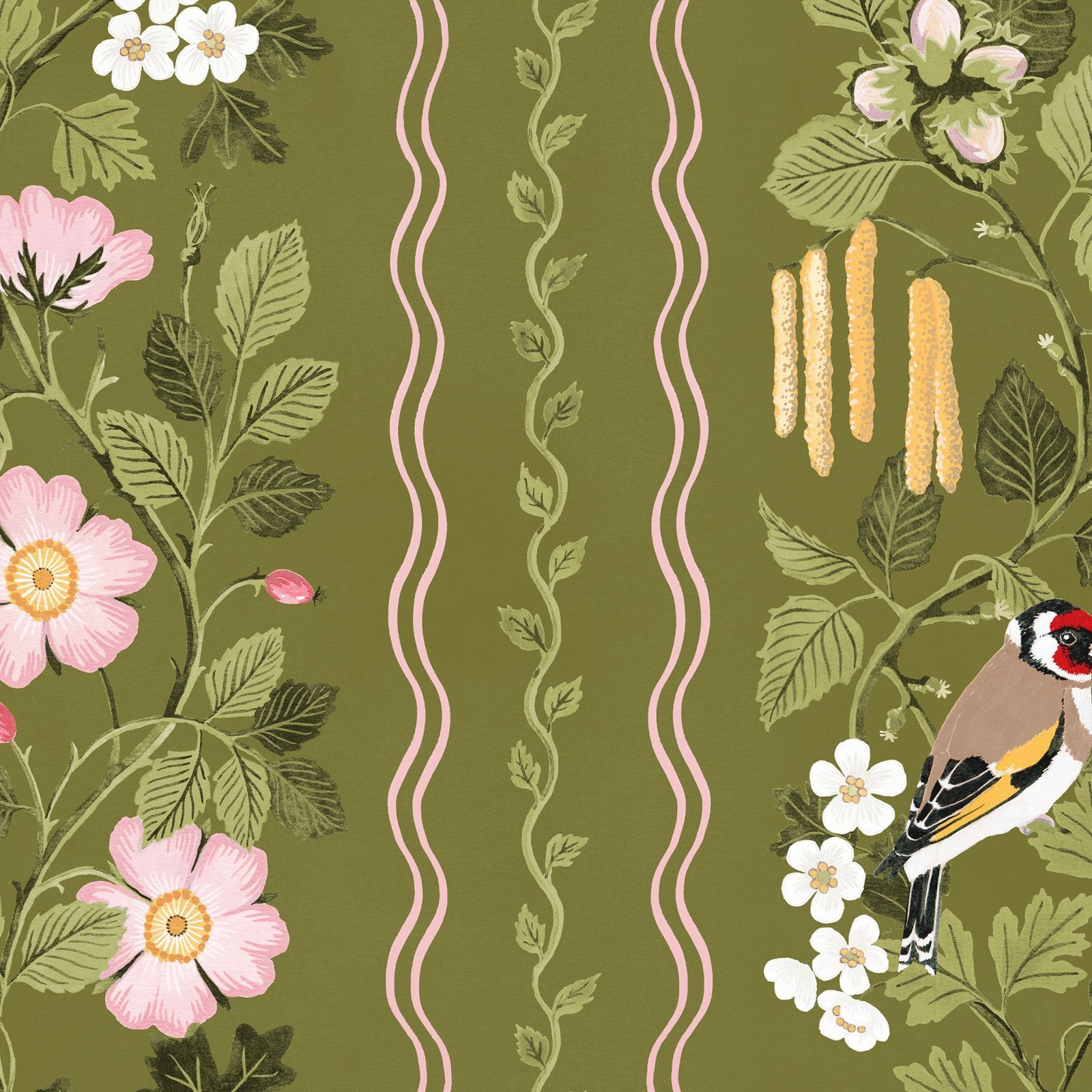 Studio-le-cocq-hedgerows-wallpaper-moss-striped-countrystyle-cottage-wallpaper-birds-roses-vines-leaves