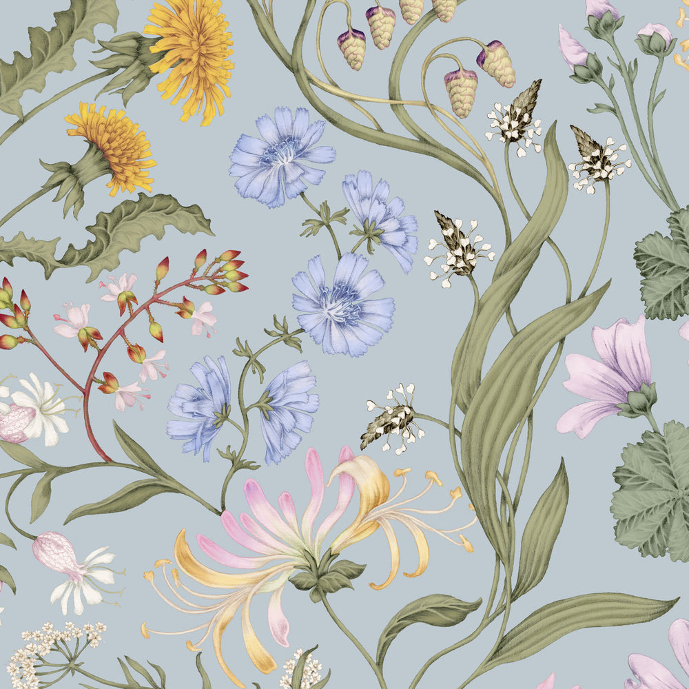 Studio-le-Cocq-the-lost-Garden-Blue-2024-recoloured-botanical-Britosh-print-artist-wallpaper-spring-blooms-duck-egg-blue-background