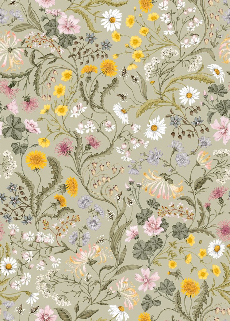 Studio-Le-Coq-The-lost-garden-wallpaper-pear-green-woodland-botanical-chintz-pattern-daisy-bees-flowers-dandilions-cowslip-fern-spring-traditional-hand-illustrated-artisan-pattern