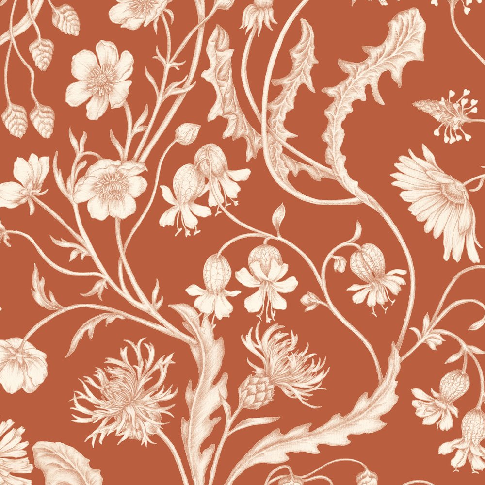 Studio-Le-Cocq-The-Lost-Garden-Botanical-print-wallpaperSaffron-warm-spice-orange-red-tones-subtle-cream-print-floral-country-style-cottage-wallpaper-pattern