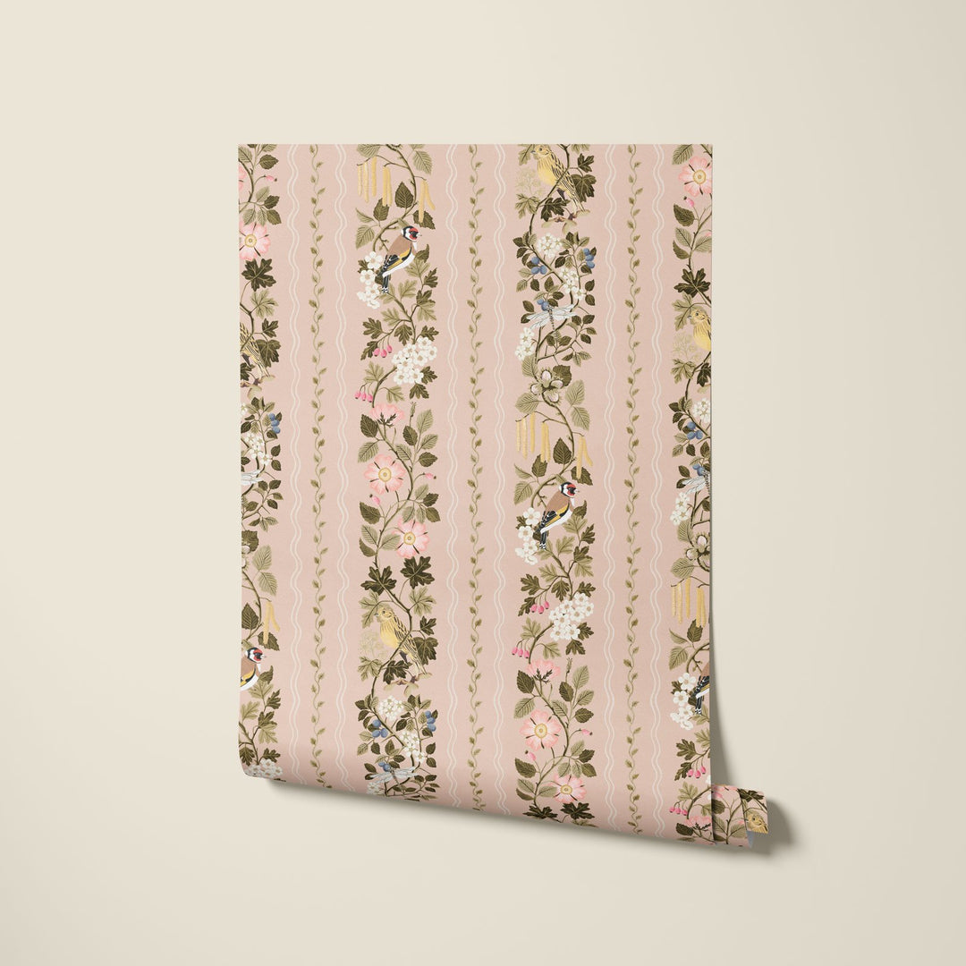 Studio-LeCocq-Hedgerows-Wallpaper-stripes-scalloped-edges-birds-cottage-woodland-hand-illustrated-spring-floral-soft-plaster-pink-background-Plaster