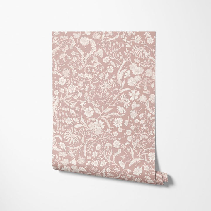 Studio-Le-Cocq-The-Lost-Garden-Botanical-print-wallpaper-Rose-Smoke-Dusty-pink-muted-tones-subtle-cream-print-floral-country-style-cottage-wallpaper-pattern
