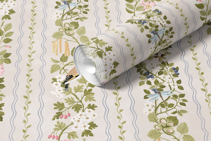 Studio-LeCocq-Hedgerows-Wallpaper-stripes-scalloped-edges-birds-cottage-woodland-hand-illustrated-spring-floral-soft-cream-background-Eggshell