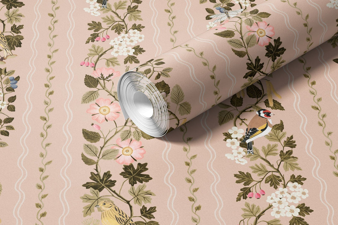 Studio-LeCocq-Hedgerows-Wallpaper-stripes-scalloped-edges-birds-cottage-woodland-hand-illustrated-spring-floral-soft-plaster-pink-background-Plaster