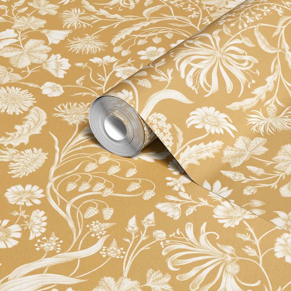 Studio-Le-Cocq-The-Lost-Garden-Botanical-print-wallpaper-Honeysuckle-yellow-warm-yolk-colour--subtle-cream-print-floral-country-style-cottage-wallpaper-pattern