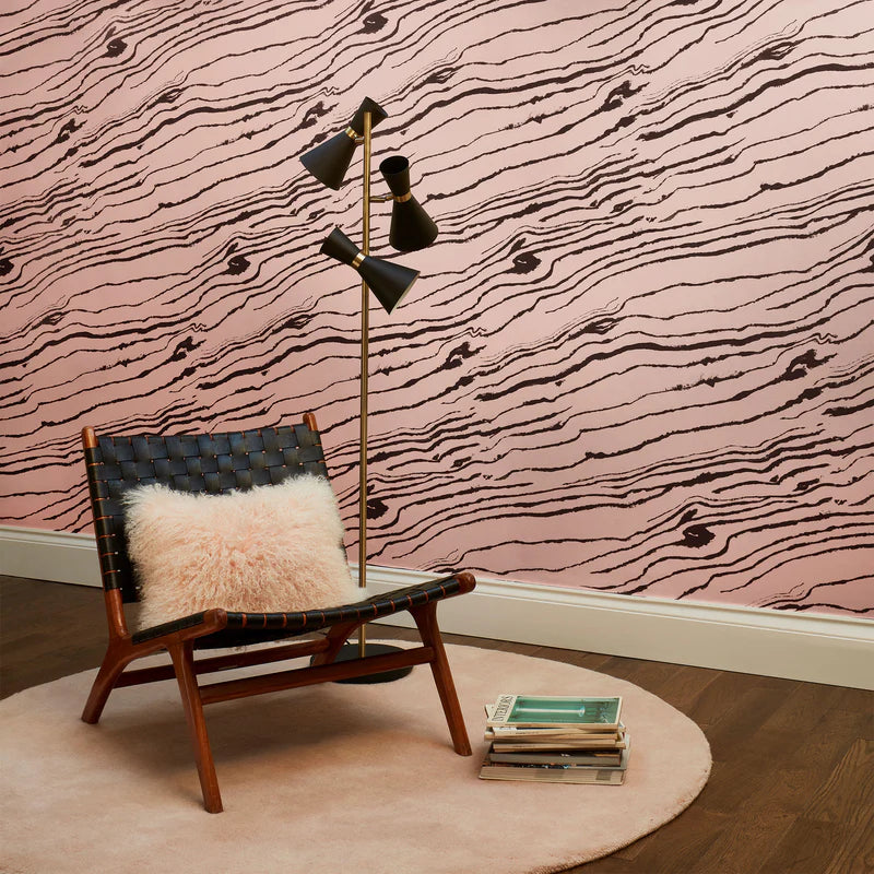 Poodle-and-Blind-wallpaper-Magic-hour-hand-painted-abstract-lines-wood-grain-sky-light-beams-of-colour-large-scale-twilight-hour-black-lines-pink-background