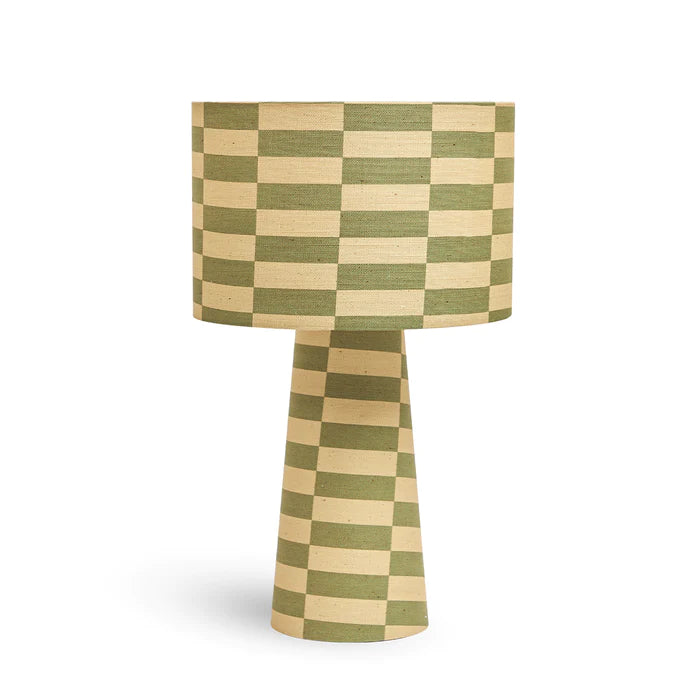 Poodle-and-blond-Tucson-Lullaby-linen-drum-table-lamp-green-cream-blocks-stacked-pattern-retro-vibes-rattlesnake-fabric-linen-simple-styling-table-lamp-linen-base-and-shade