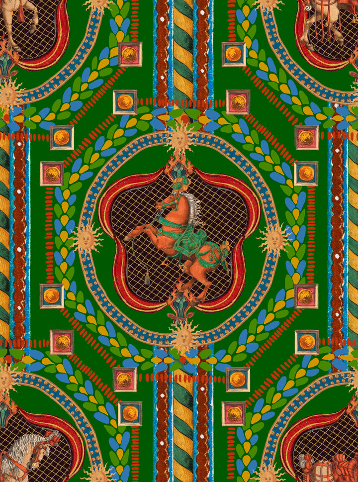 Mind-The-gap-Venetian-ornament-wallpaper-carnival-inspired-merry-go-round-Carousel-ornate-sun-motif-circus-theme-Green-WP20768