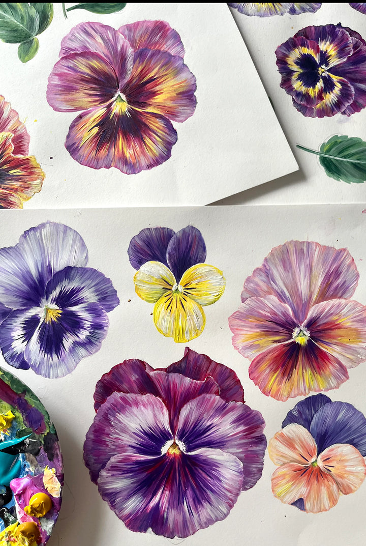 Victoria-Sanders-Plethora-of-pansies-hand-painted-details-pansies-in-violet-pinks-back-background-wallpaper-floral-pattern