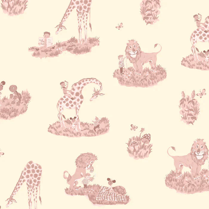 Poodle-and-blonde-wallpaper-story-time-illustrated-picture-gifaffe-lion-tortoise-drawing-toile-style-paper-nursery-print-rose-pink 