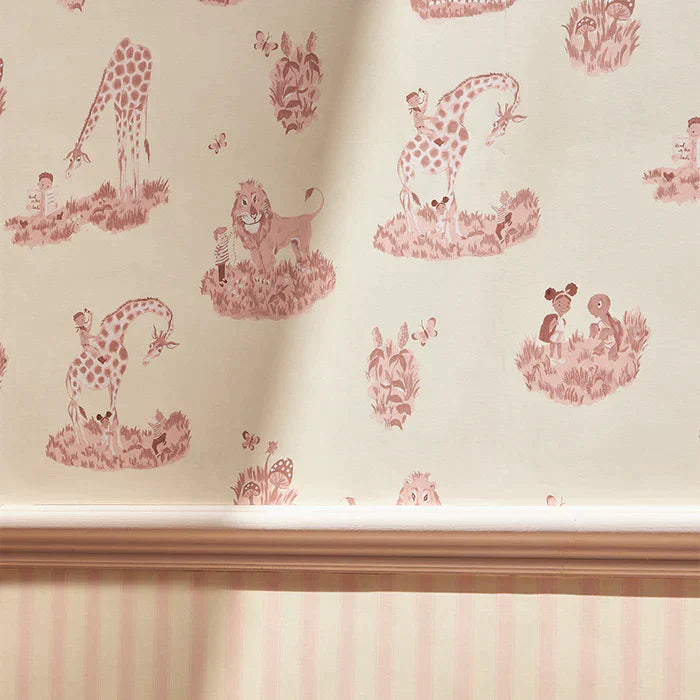 Poodle-and-blonde-wallpaper-story-time-illustrated-picture-gifaffe-lion-tortoise-drawing-toile-style-paper-nursery-print-rose-pink