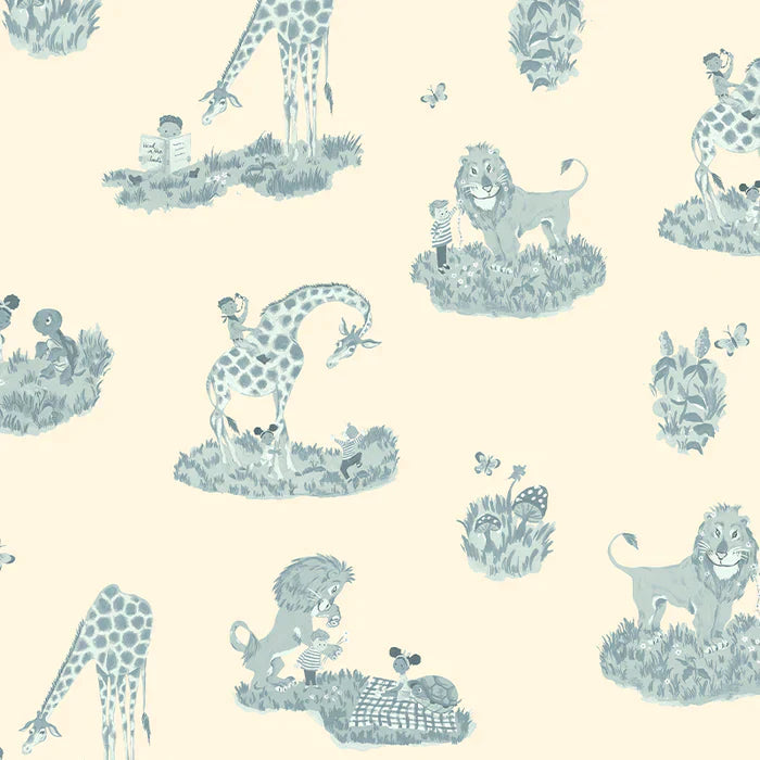 Poodle-and-blonde-wallpaper-story-time-illustrated-picture-gifaffe-lion-tortoise-drawing-toile-style-paper-nursery-print-bluebell-baby-blue-cream