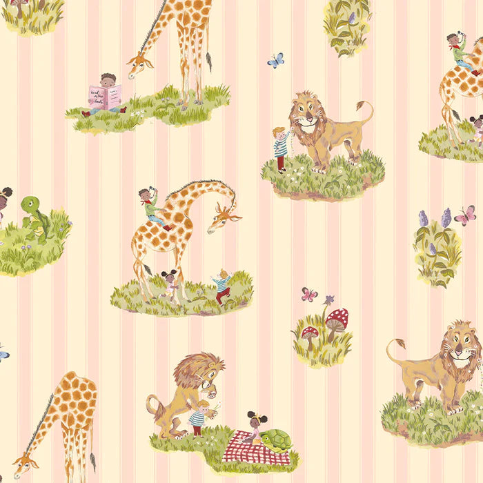 Poodle-and-blonde-wallpaper-childrens-themed-illustrated-animals-giraffe-lion-tortoise-stripe-background-nurdery-style-wallpaper-cartoons-hand-illustrate-rose-pink-stripe