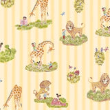 Poodle-and-blonde-wallpaper-childrens-themed-illustrated-animals-giraffe-lion-tortoise-stripe-background-nurdery-style-wallpaper-cartoons-hand-illustrate-daisy-stripe